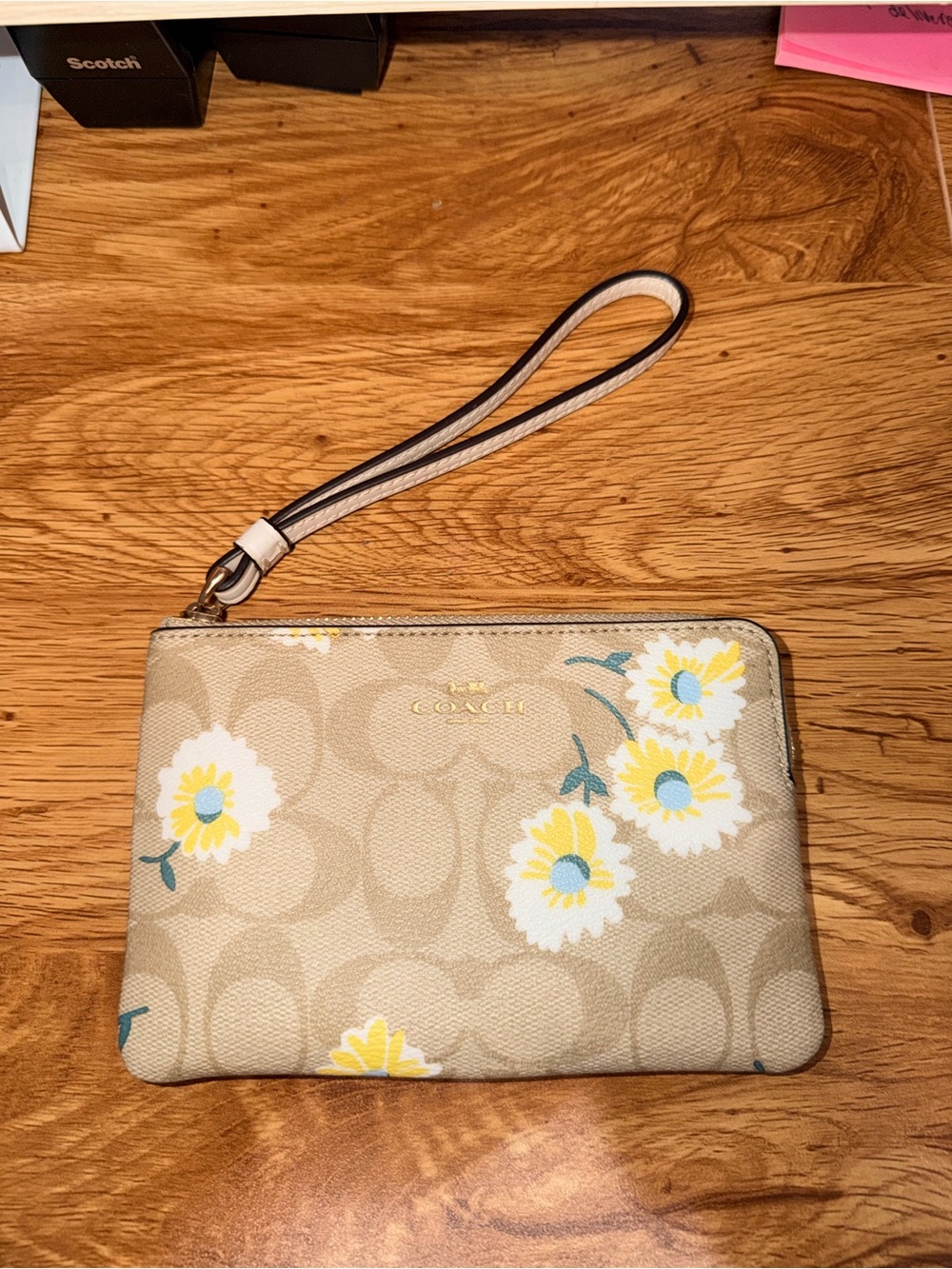 Coach Beige Floral Wristlet Clutch with Yellow Accents